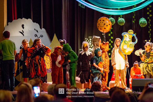 A group of students dressed as animals on stage.
